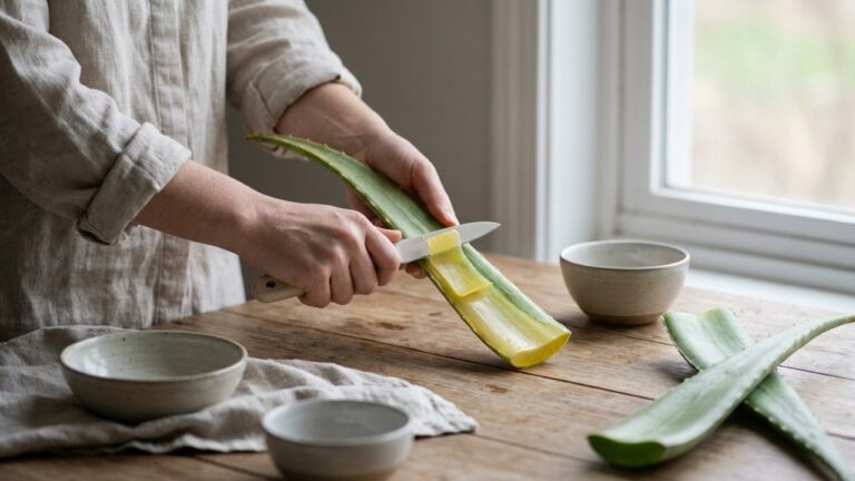 Feuille d'aloe vera fraîche coupée montrant le gel transparent et le latex jaune