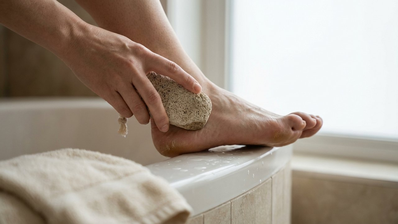 Exfoliation douce du talon avec une pierre ponce humide