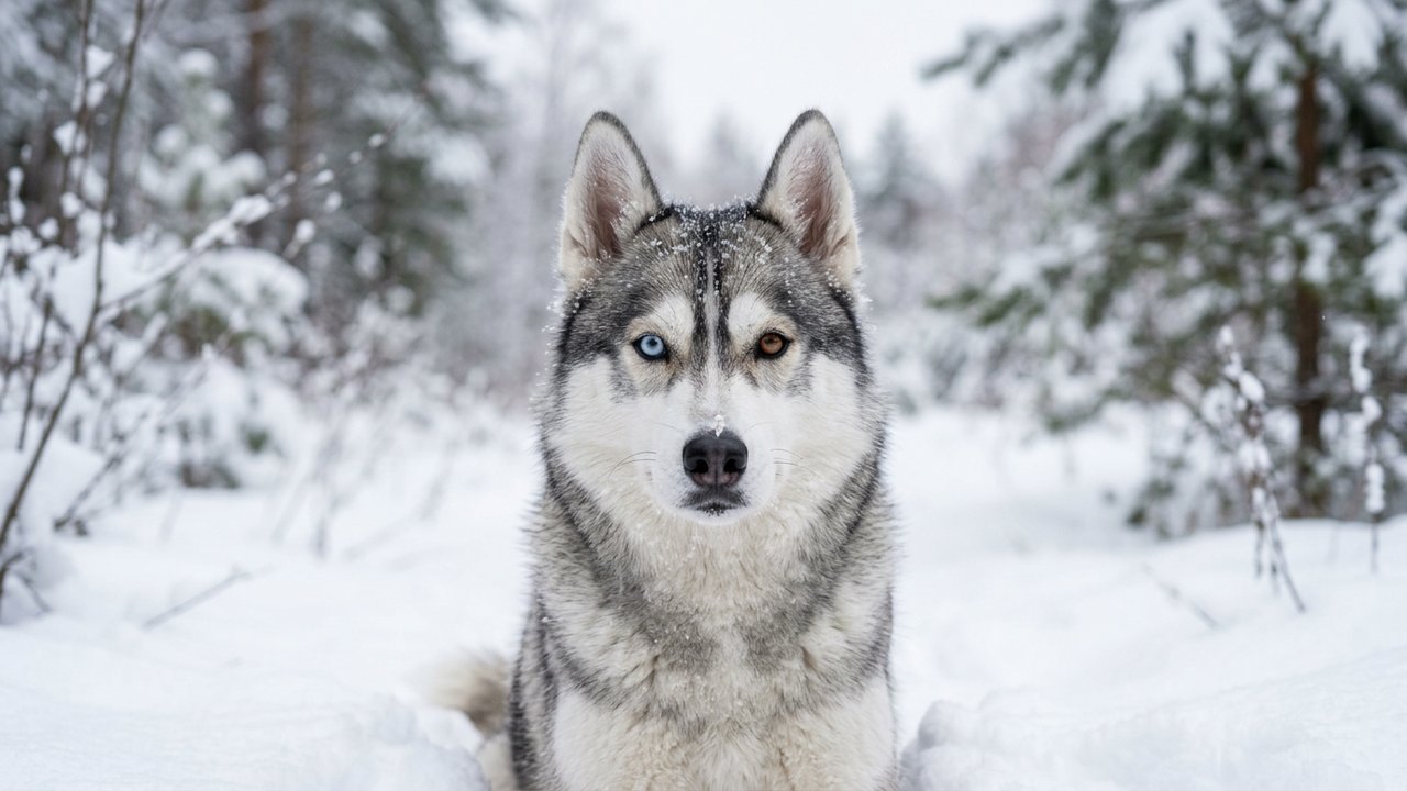 Husky sibérien aux yeux vairons dans la neige