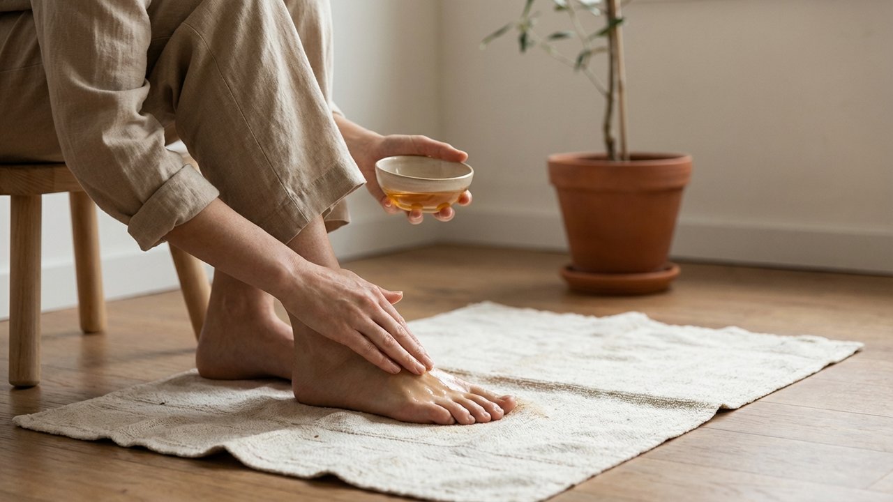 Application d'huile végétale sur les pieds après exfoliation