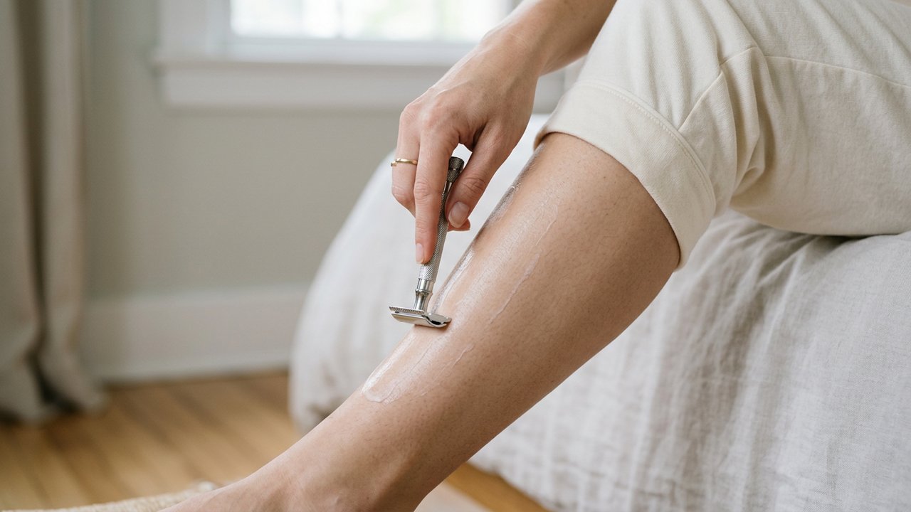 Femme utilisant un rasoir de sûreté avec la bonne technique de rasage