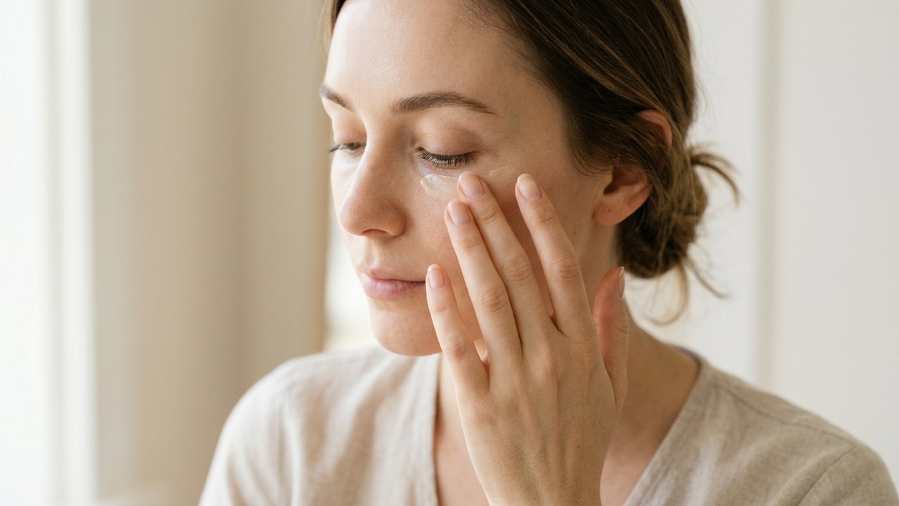 Tapotement du contour des yeux avec l'annulaire du coin interne vers la tempe