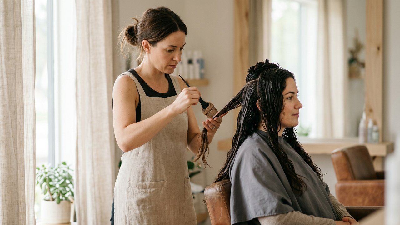 Application d'un lissage indien en salon par un professionnel