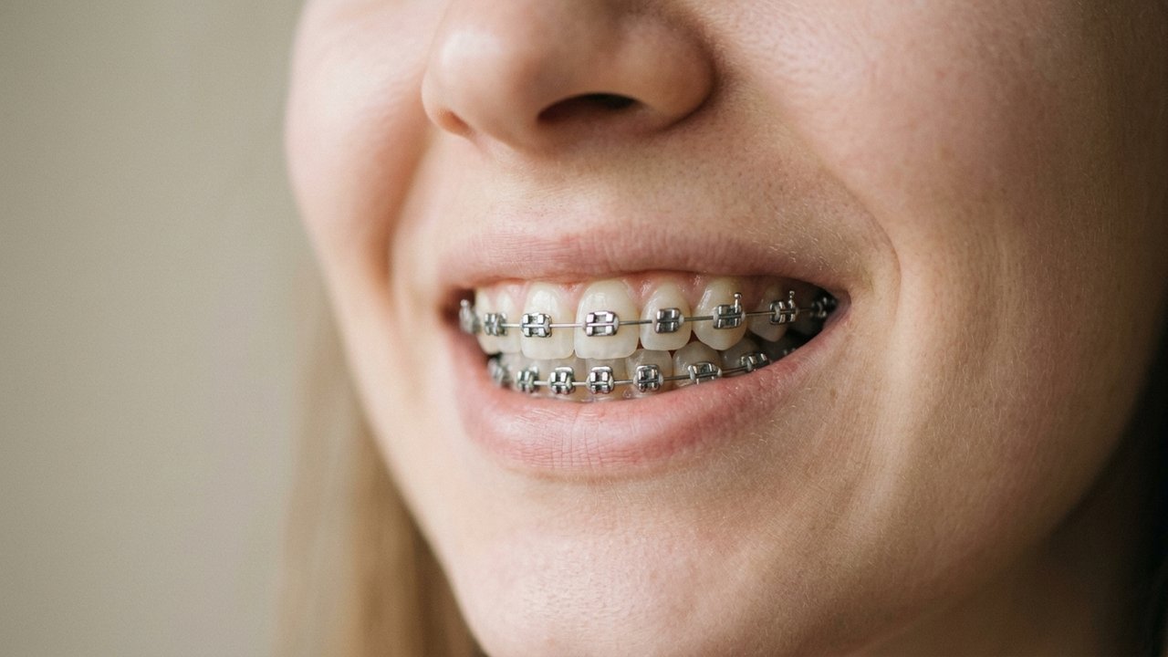 Bagues orthodontiques métalliques collées sur les dents avec l'arc de correction