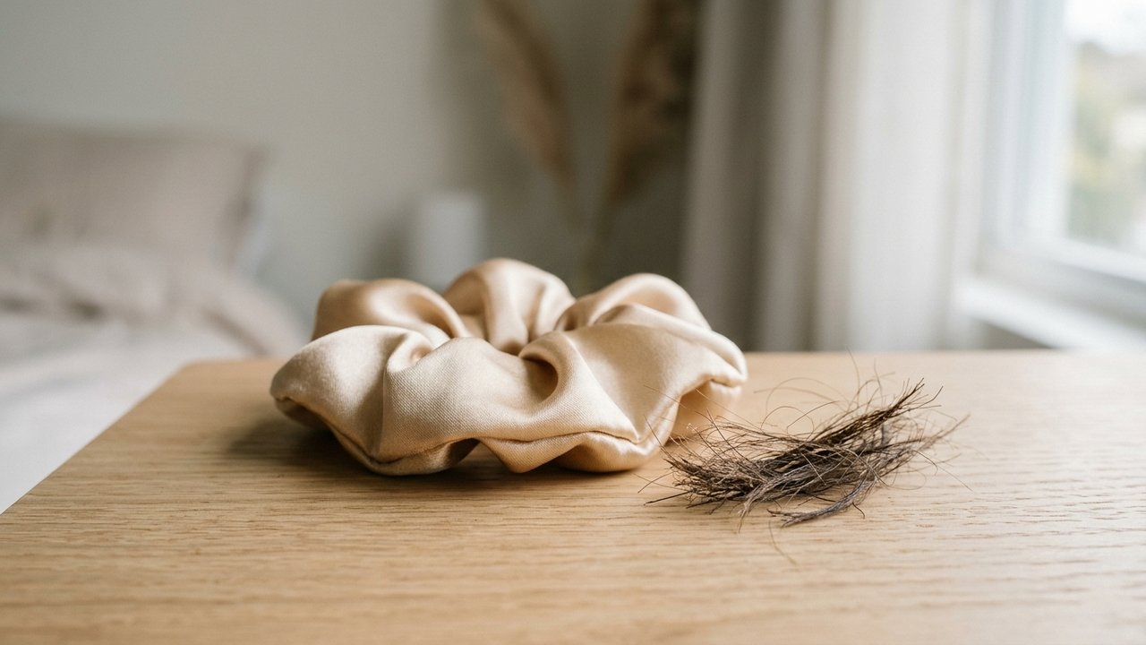 Chouchou en soie à côté de cheveux abîmés pour montrer la différence de protection