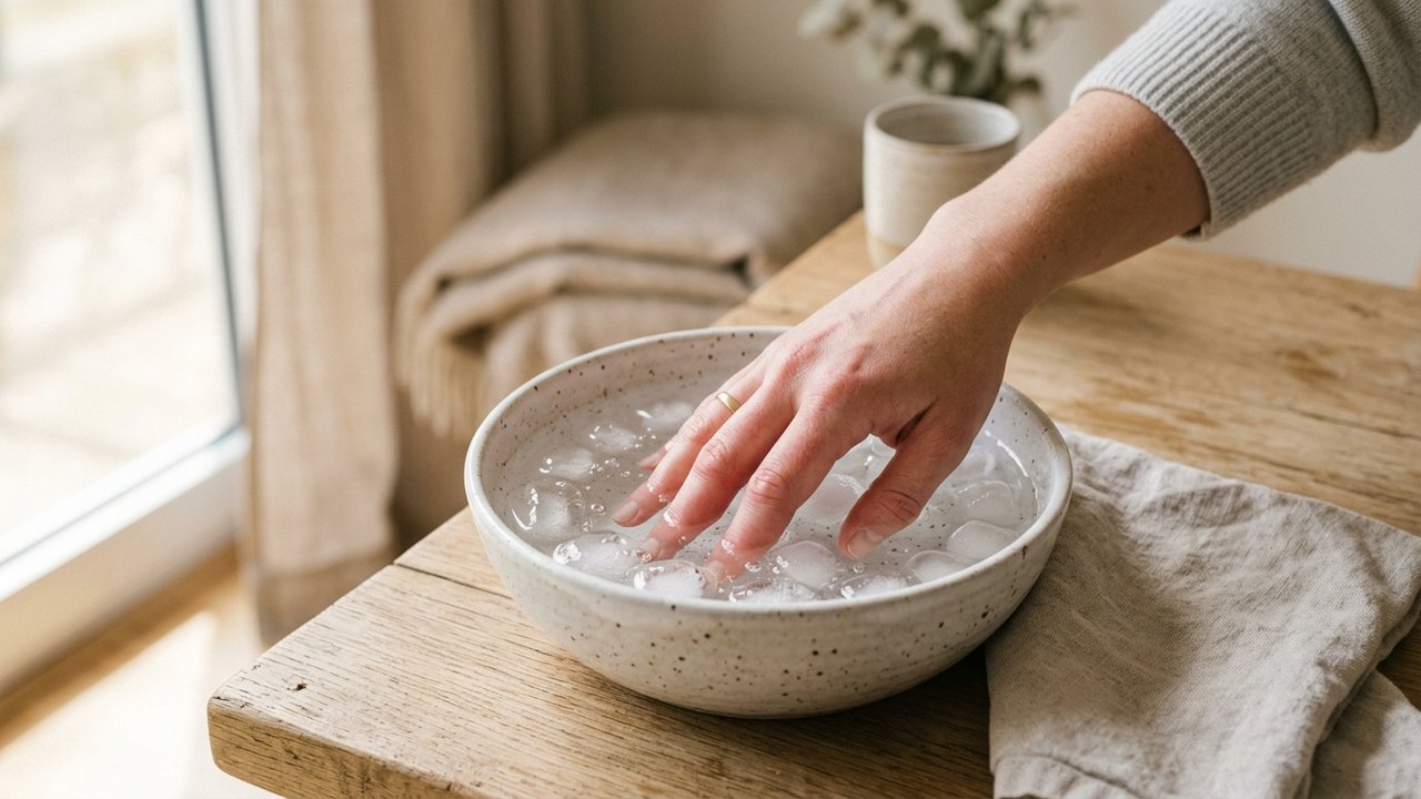 Main trempée dans l'eau froide avec glaçons pour dégonfler le doigt