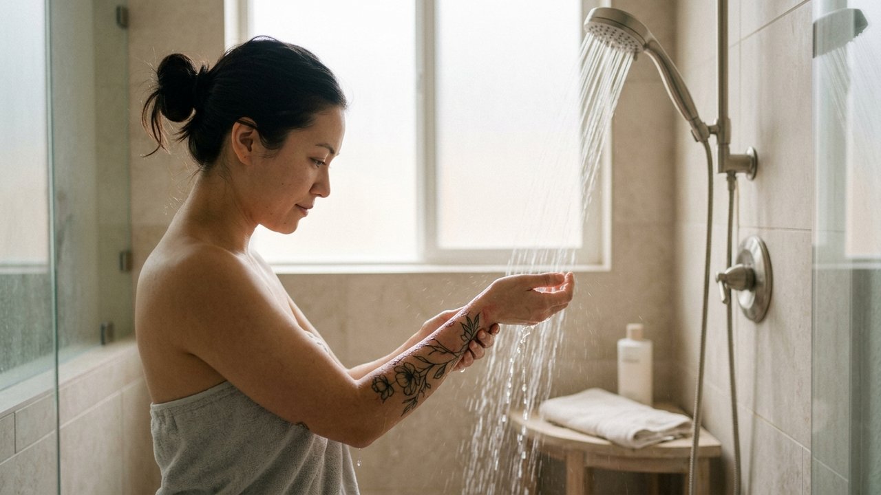 Douche délicate sur un tatouage en cicatrisation