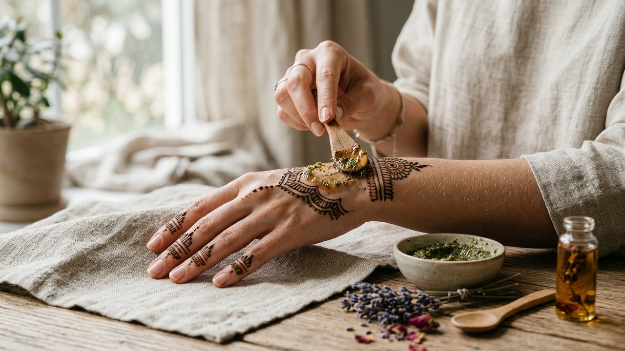 Main avec tatouage au henné en cours de traitement naturel