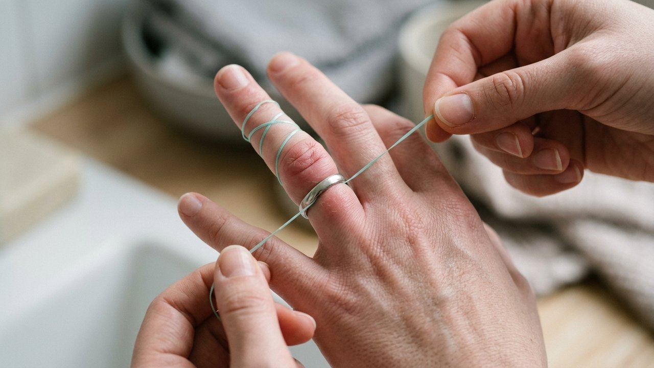 Utilisation du fil dentaire enroulé autour du doigt pour enlever une bague