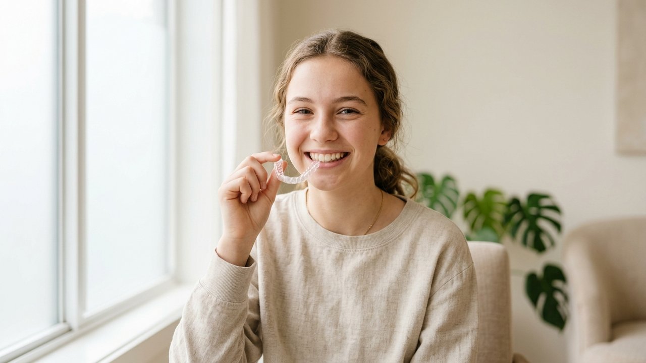 Adolescent tenant une gouttière transparente, illustrant le port 22 heures par jour recommandé