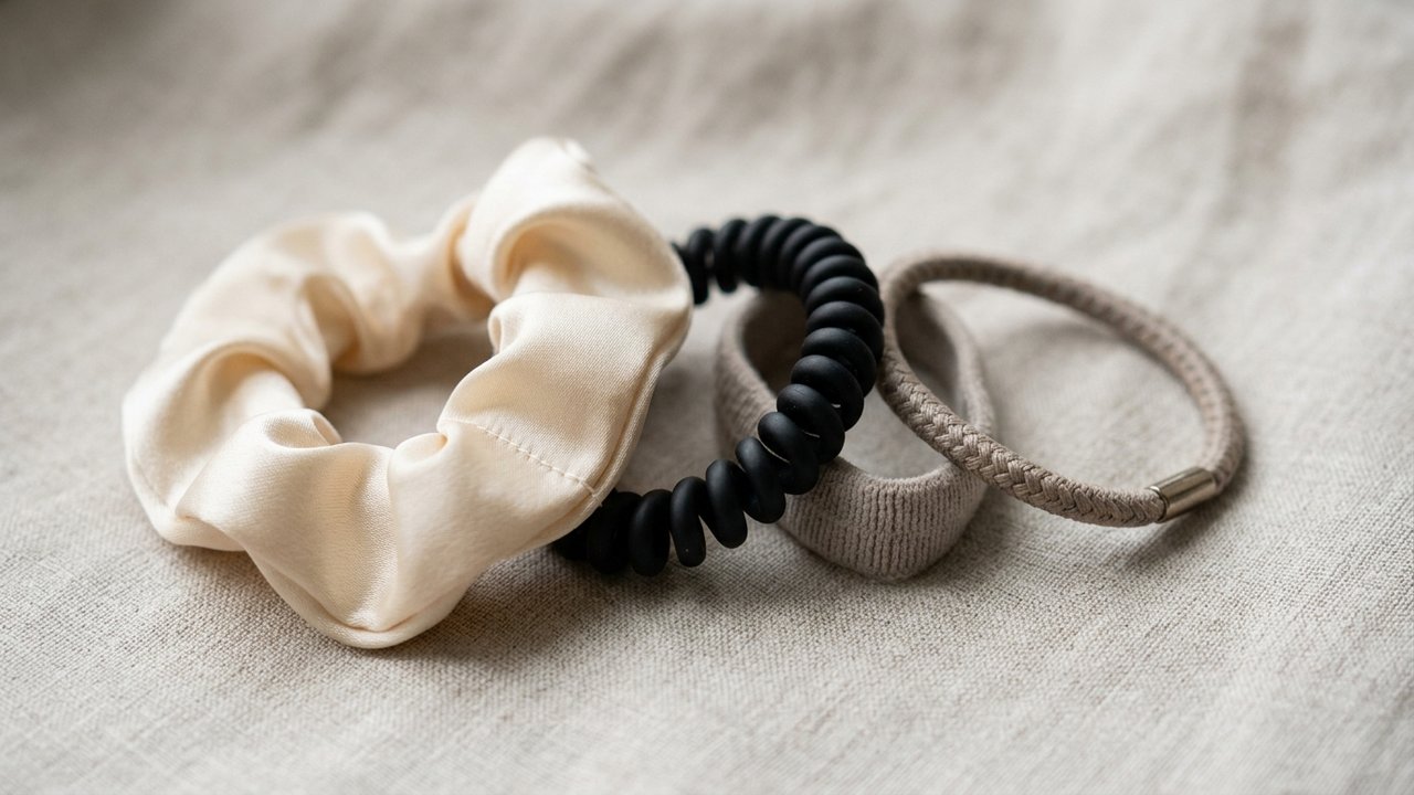 Comparaison des différentes matières de chouchous : soie, satin et spirale plastique