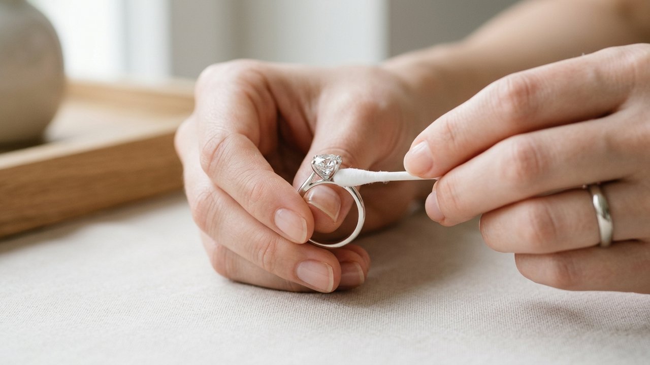 Nettoyage d'une bague en or blanc ornée d'un diamant au coton-tige