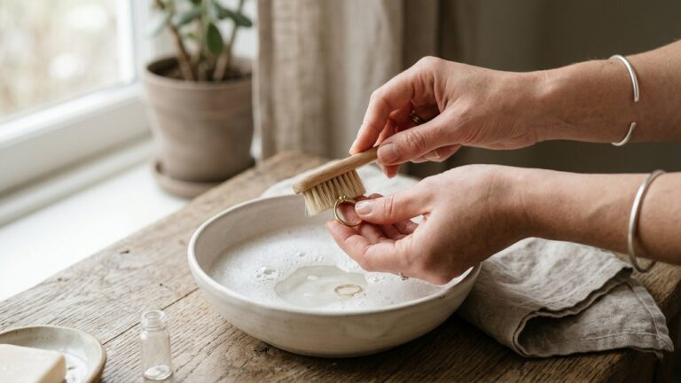 Nettoyage d'une bague en or avec une brosse souple et eau savonneuse