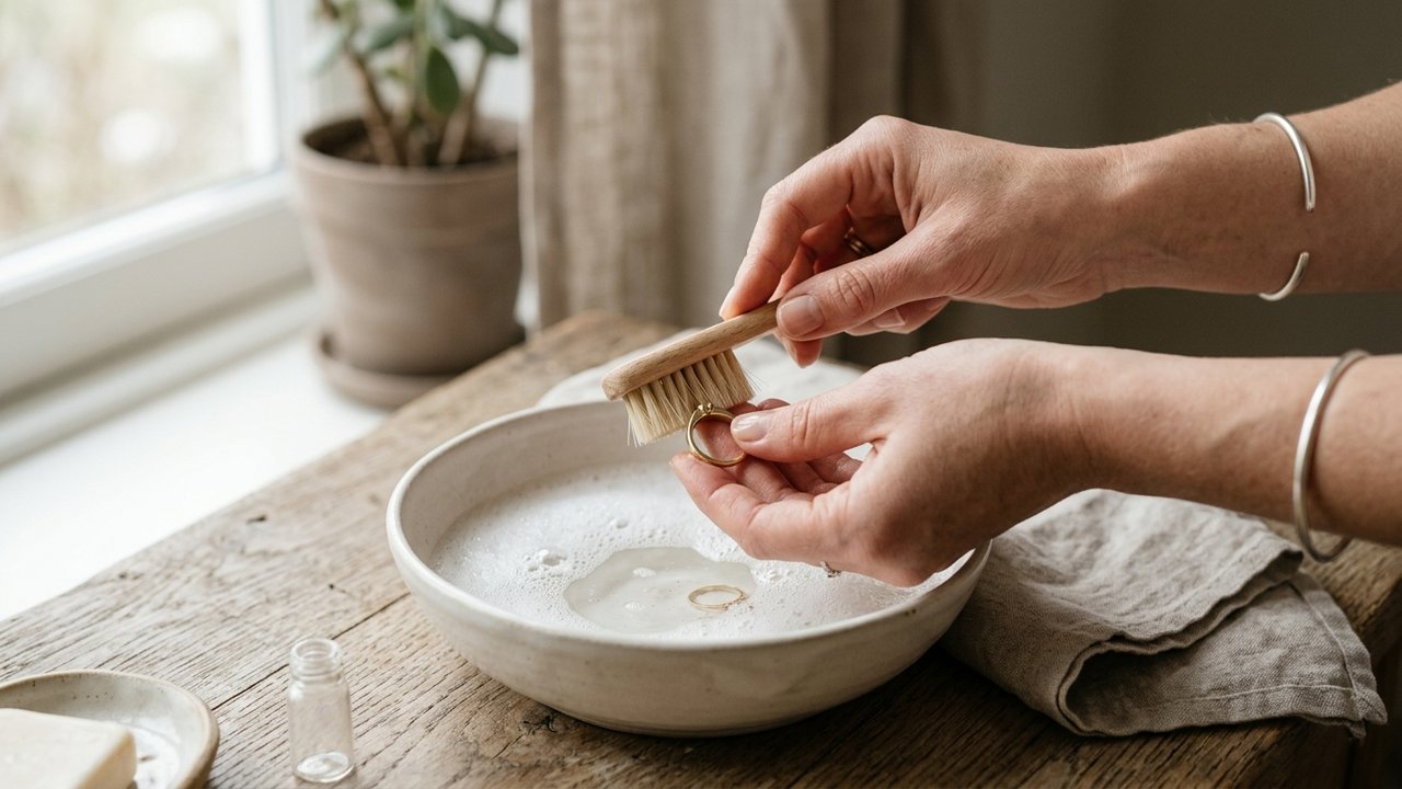 Nettoyage d'une bague en or avec une brosse souple et eau savonneuse