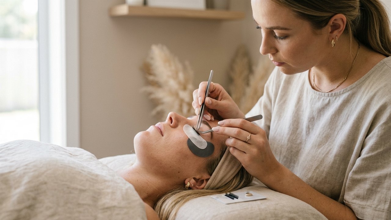 Pose d'extensions de cils individuelles par une professionnelle