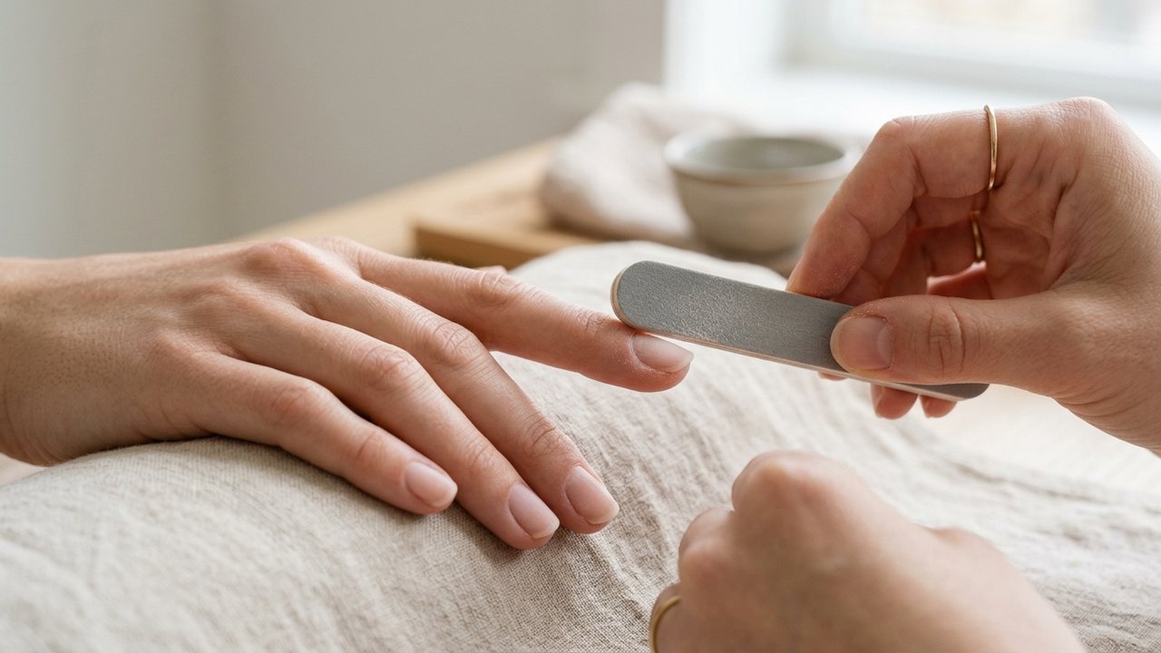 Matification de l'ongle naturel à la lime avant pose de gel