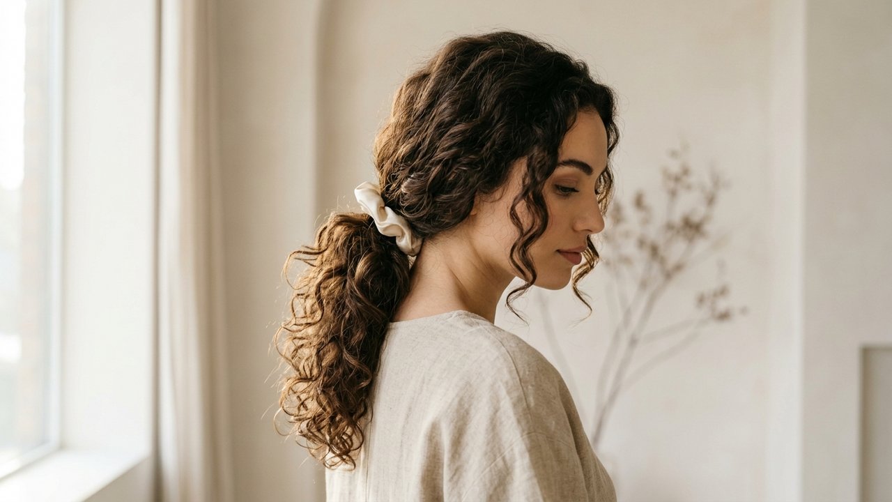 Cheveux épais attachés avec un chouchou soie sans dommage visible