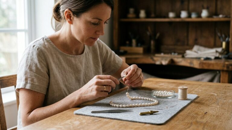 Renfilage d'un collier de perles par un joaillier spécialisé