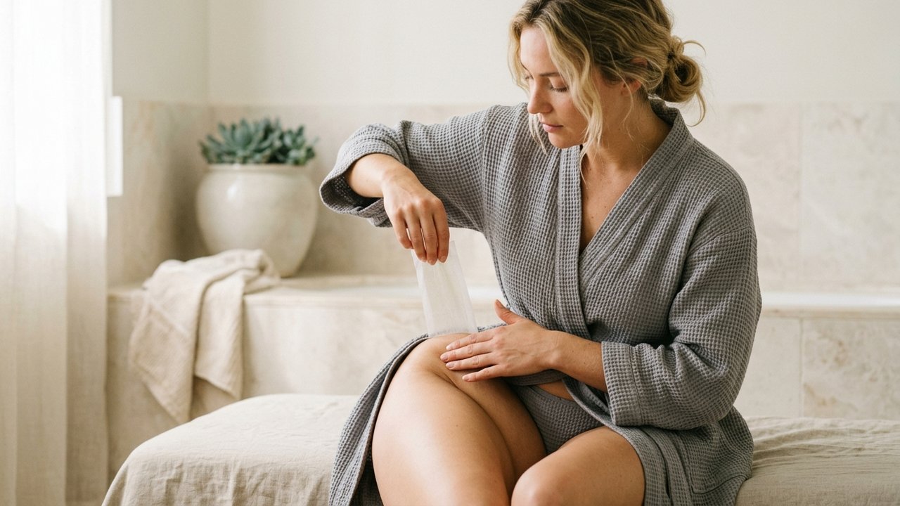 Retrait d'une bande de cire avec maintien de la peau pendant l'épilation du maillot