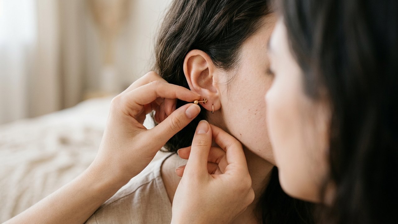Retrait délicat d'une boucle d'oreille de perçage