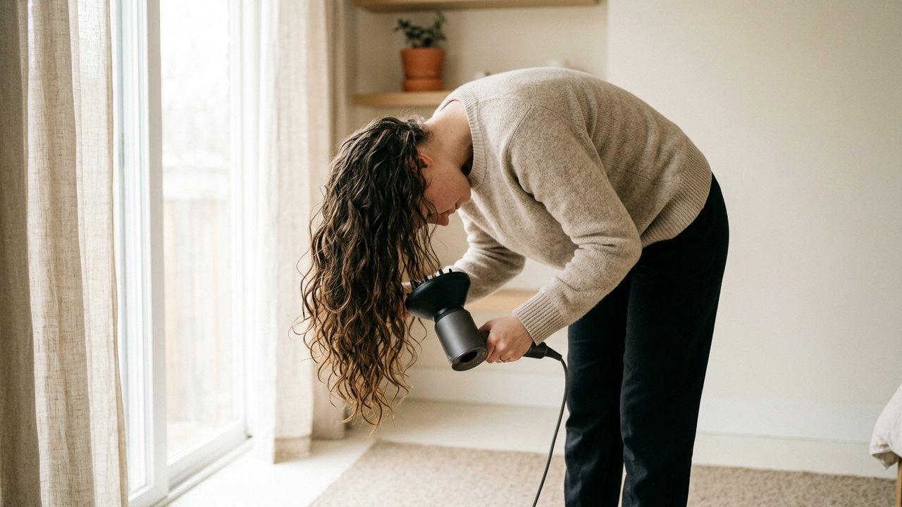 Séchage des cheveux à la tête en bas avec diffuseur pour plus d'épaisseur