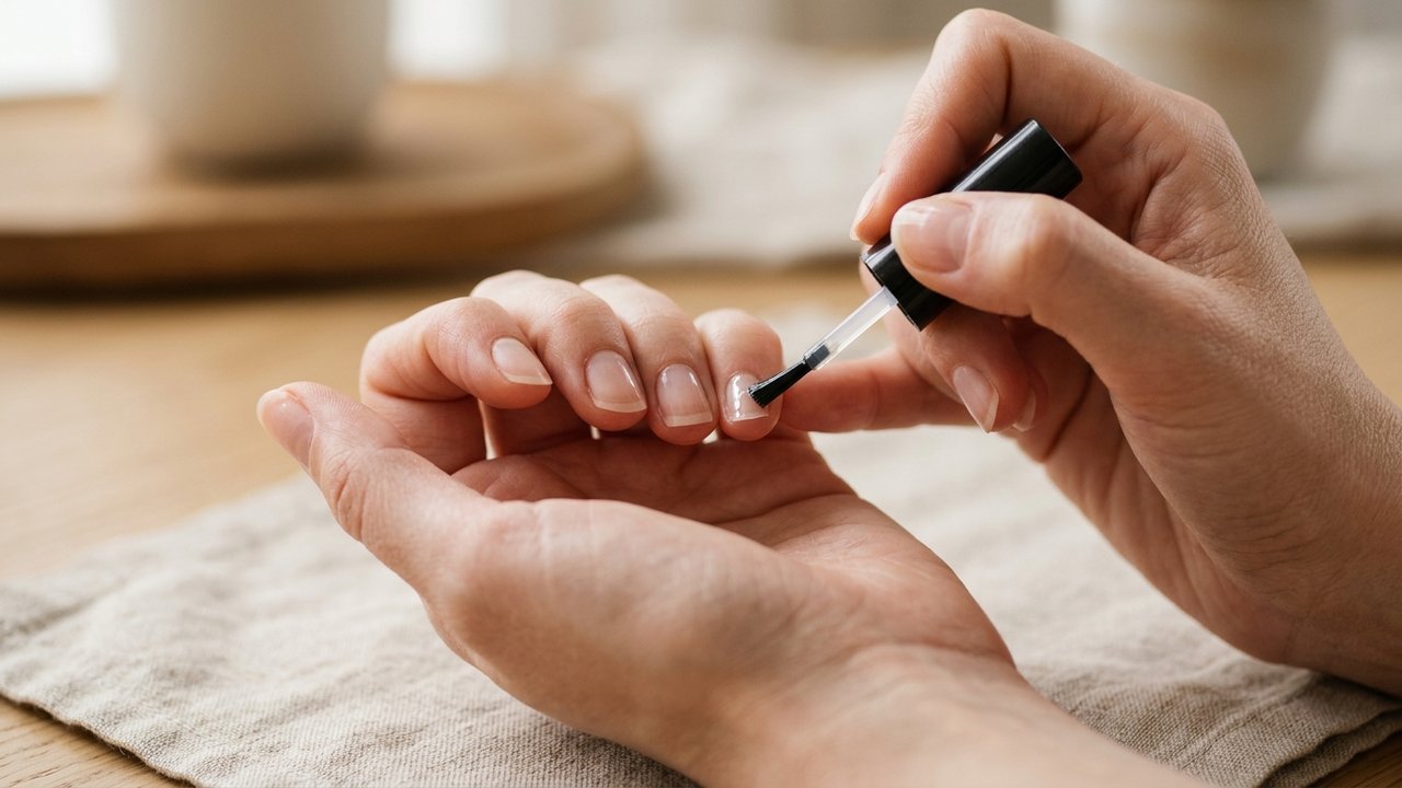 Application du top coat sous le bord d'un ongle court pour une barrière hermétique