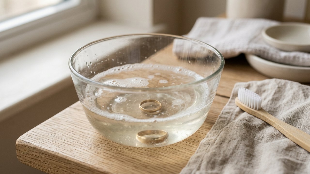 Trempage d'une bague en or dans l'eau savonneuse avant brossage