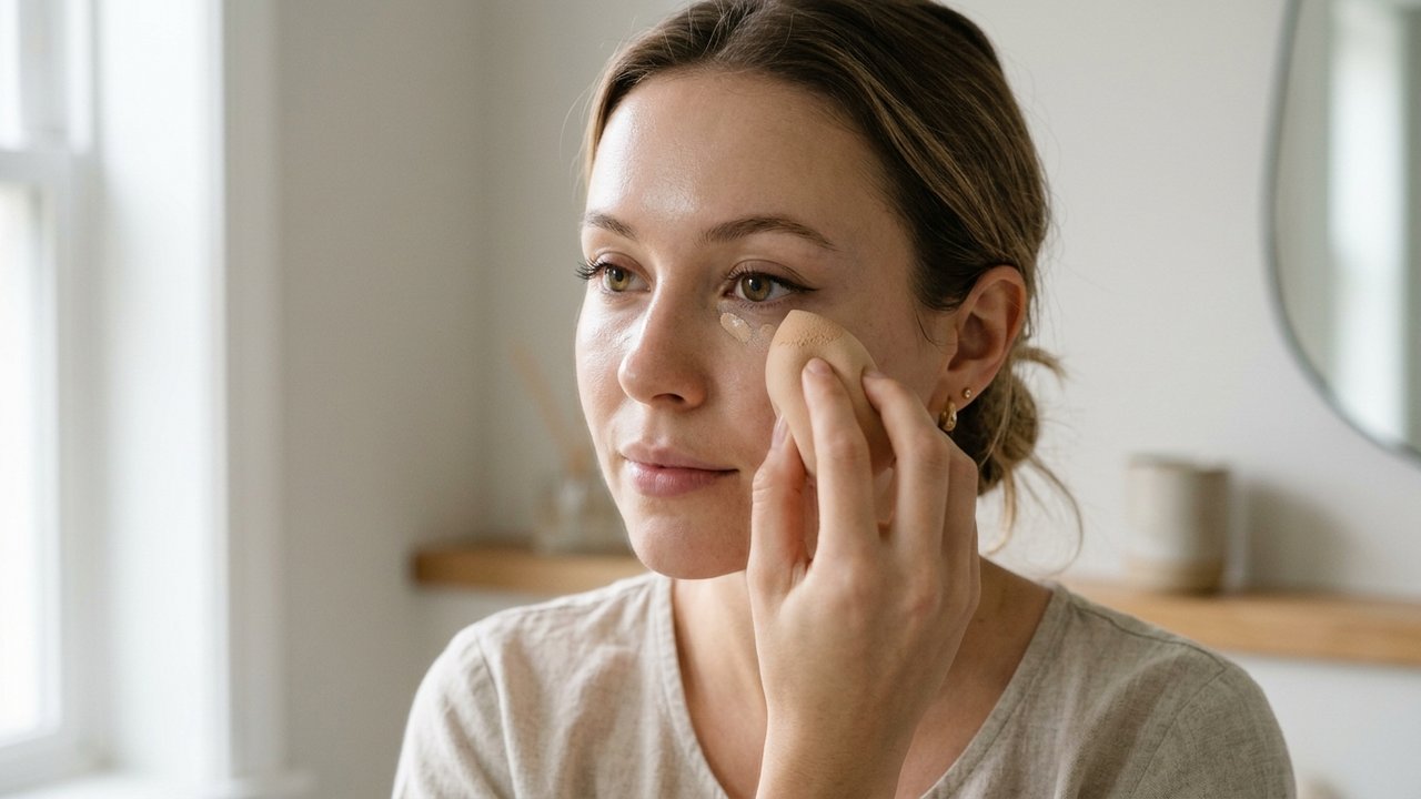 Application d'anti-cernes avec un beauty blender humidifié pour un rendu fondu