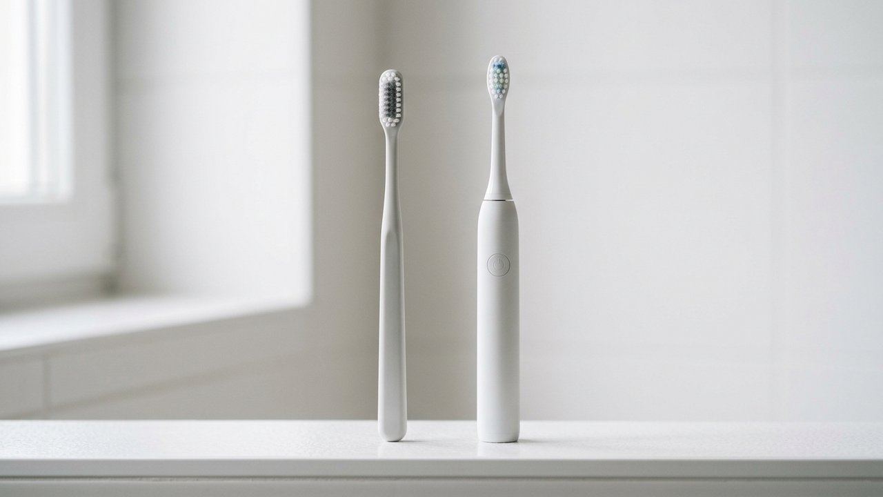 Brosse à dents électrique et manuelle côte à côte