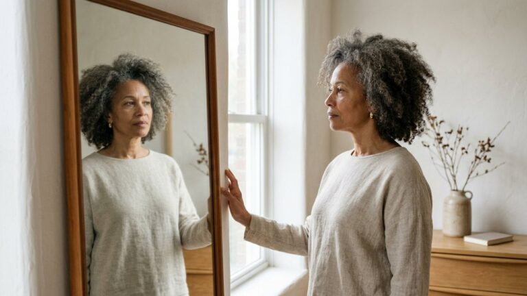 Femme observant ses cheveux qui frisent à la ménopause