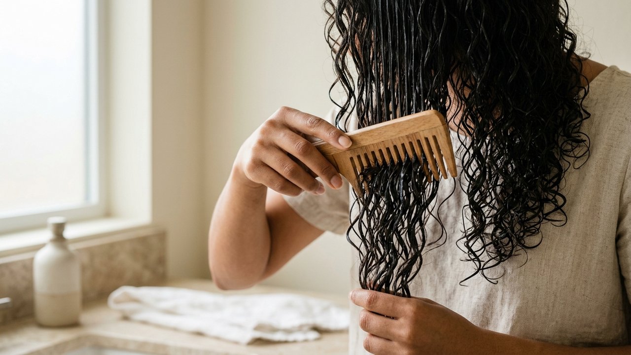 Démêlage délicat de cheveux crépus humides avec peigne