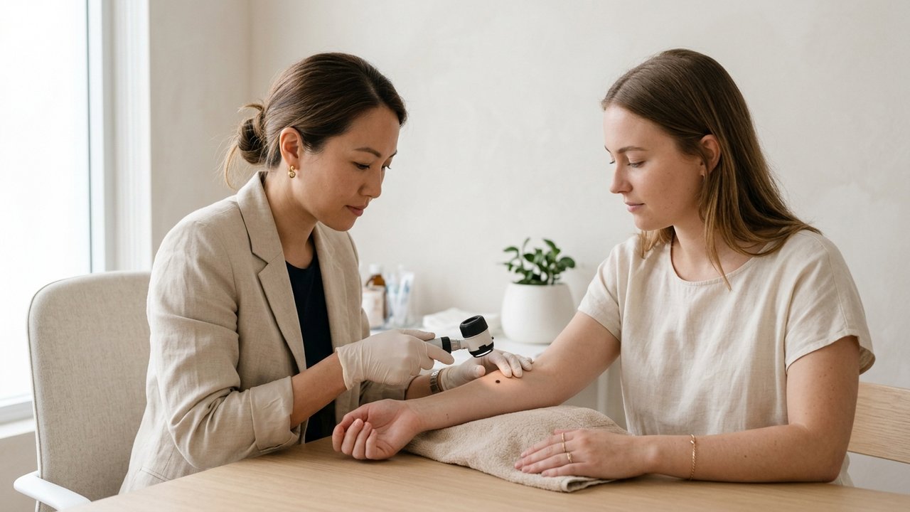 Examen d'un grain de beauté par un dermatologue