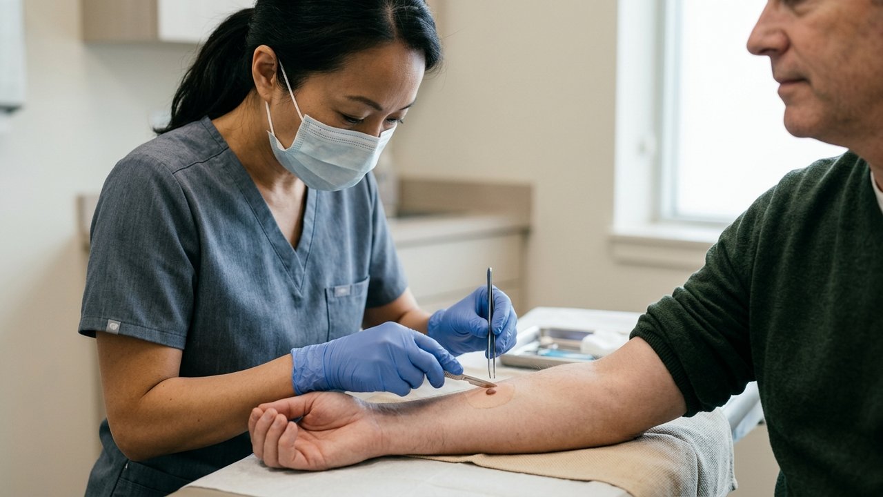 Ablation chirurgicale d'un grain de beauté sous anesthésie locale