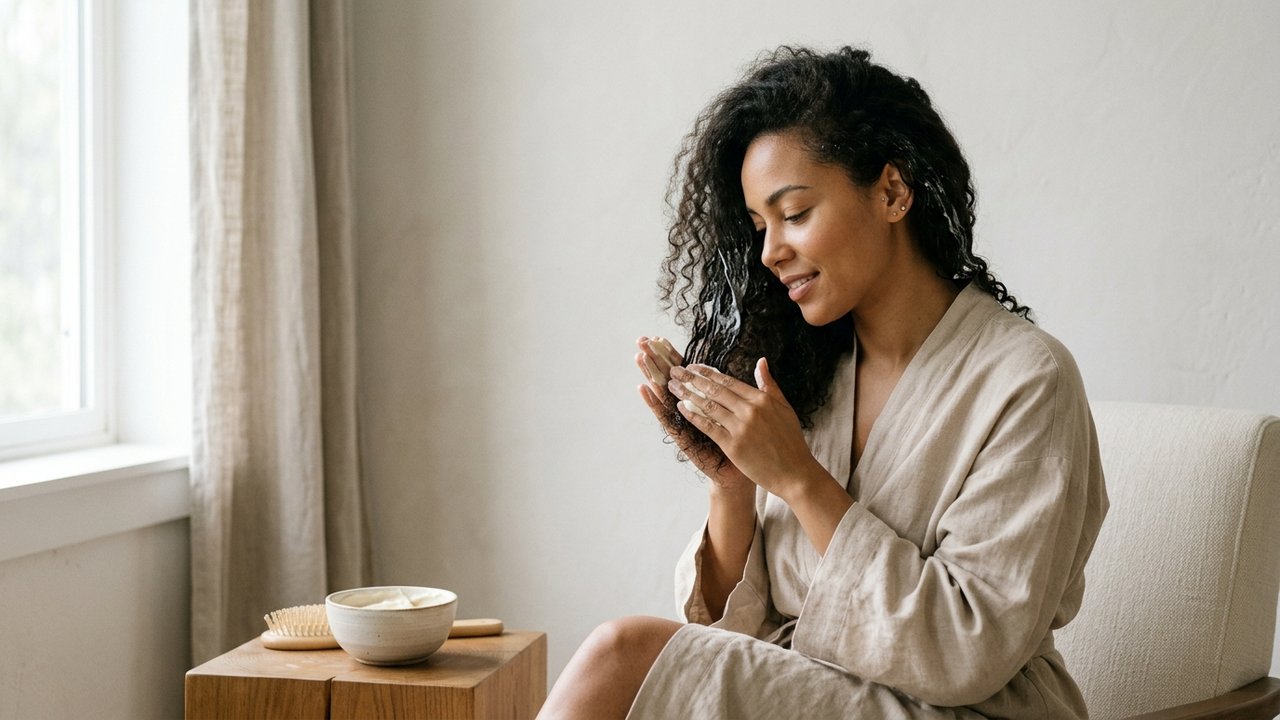 Application d'un masque nourrissant sur cheveux secs et frisottis