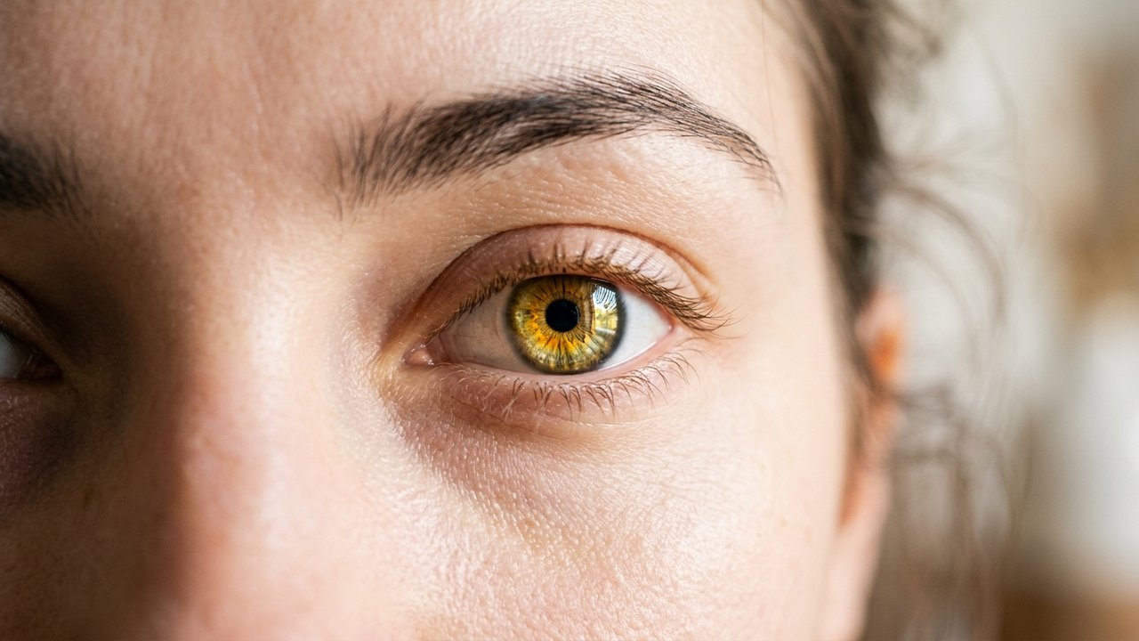 Yeux hazel à la lumière naturelle avec reflets dorés et verts