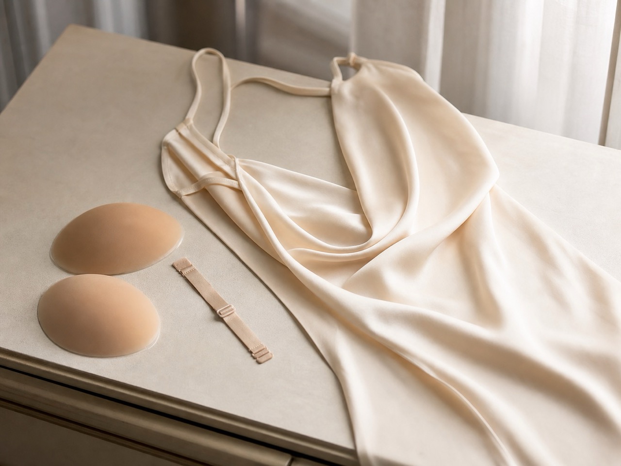 Accessoires de lingerie pour robe dos nu sur une table claire