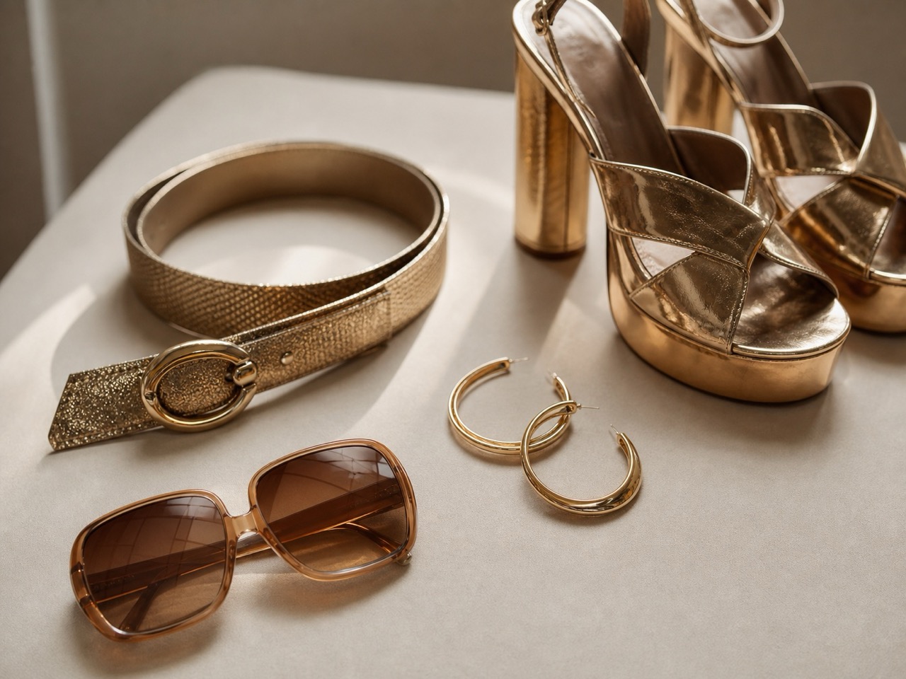 Accessoires disco avec lunettes teintées, bijoux dorés et chaussures plateformes