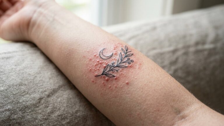 Boutons et inflammation sur un tatouage récent pendant la cicatrisation