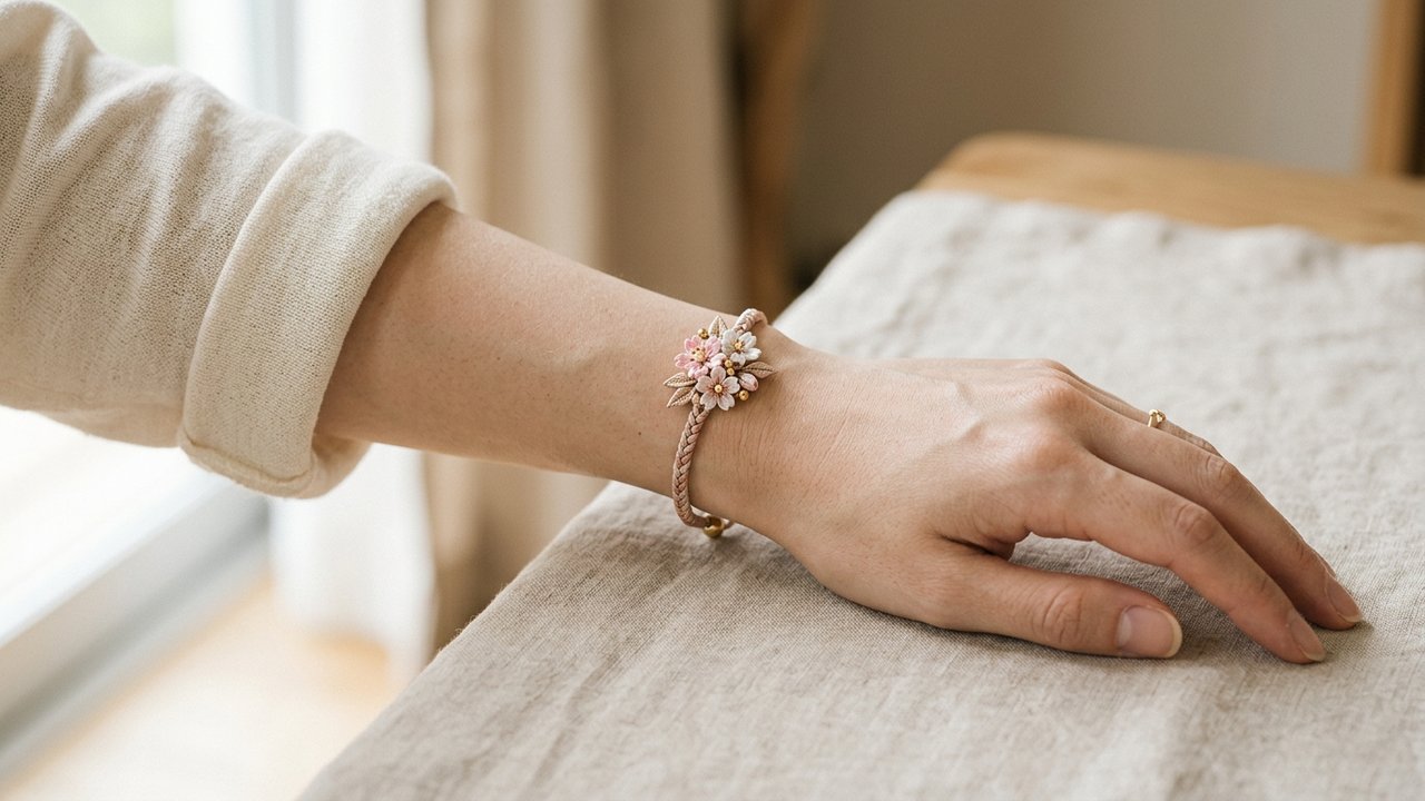 Bracelet japonais fin avec motif floral et cordon de soie