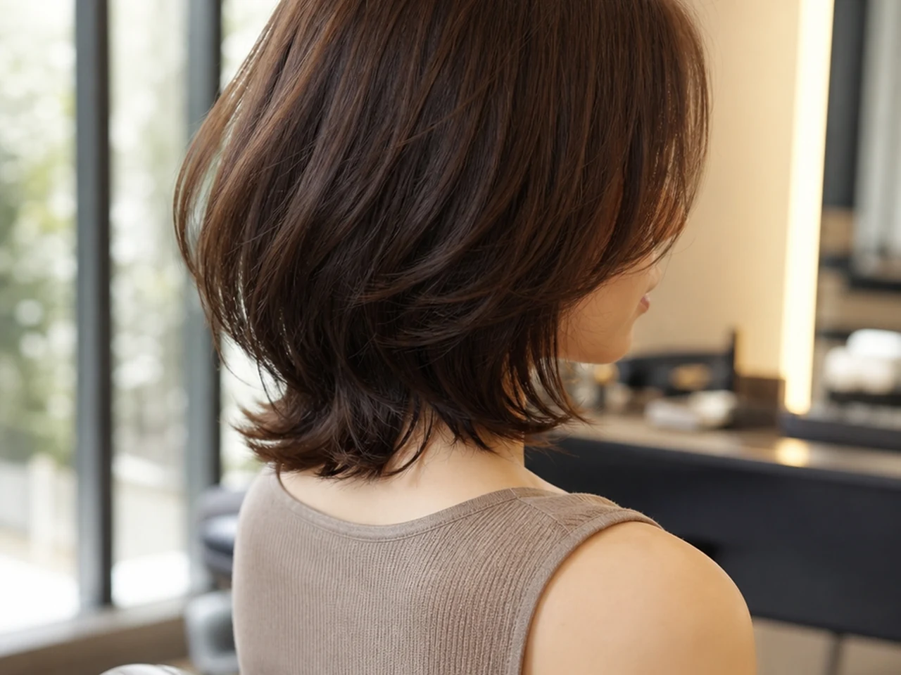 Carré dégradé mi-long avec mouvement naturel en salon