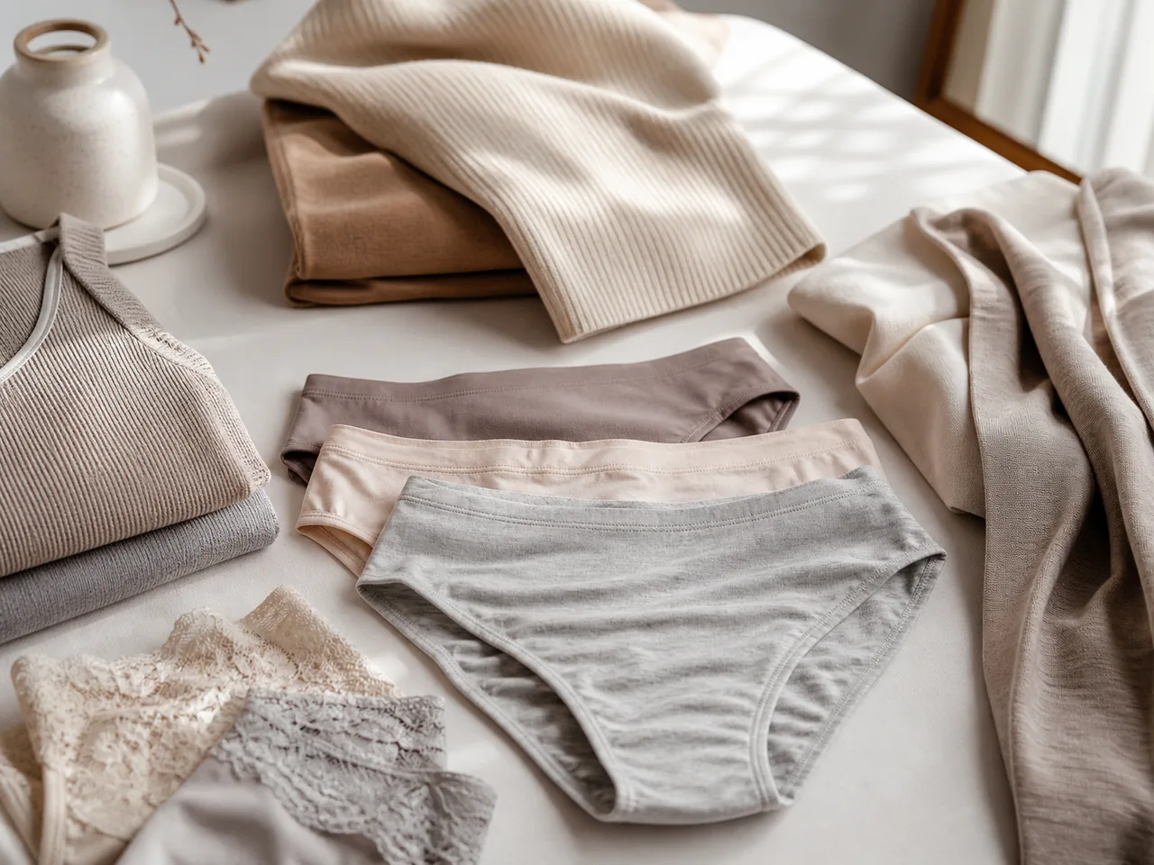 Sous-vêtements et vêtements doux préparés pour composer une tenue