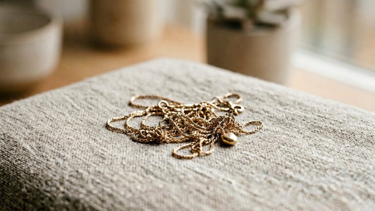Collier doré emmêlé montrant un nœud dans la chaîne