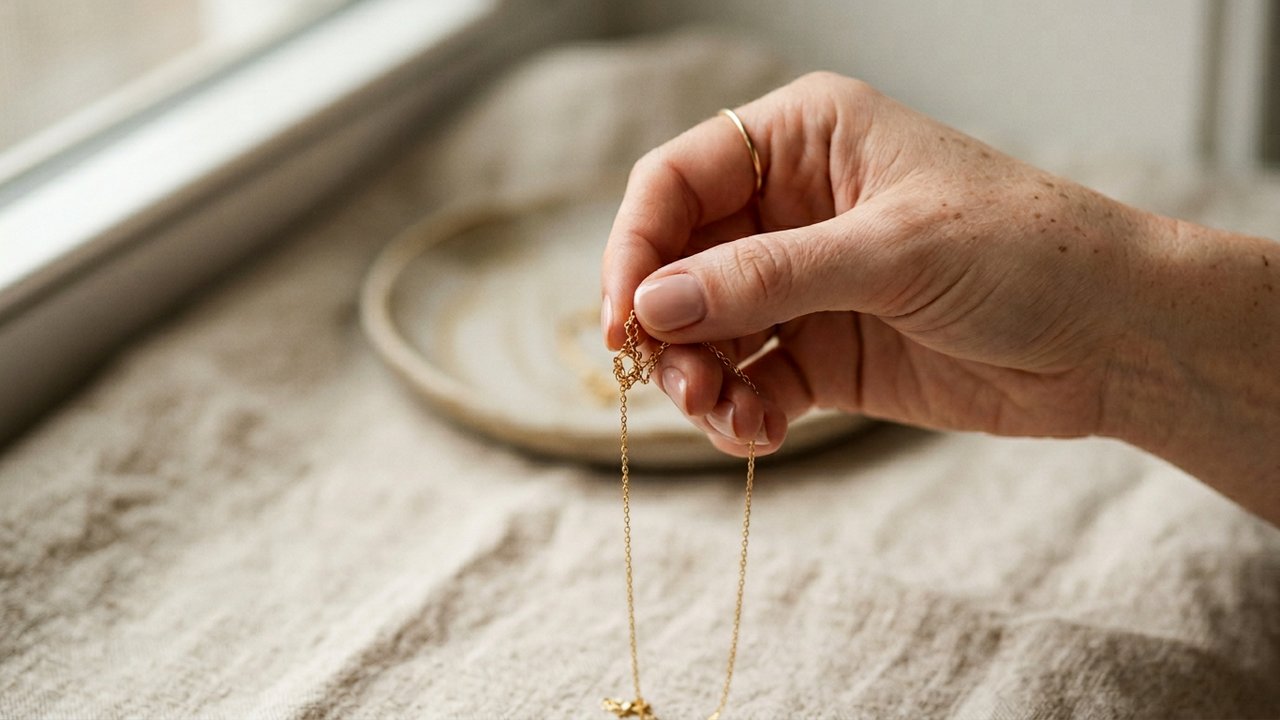 Démêlage délicat d'un collier emmêlé avec les mains