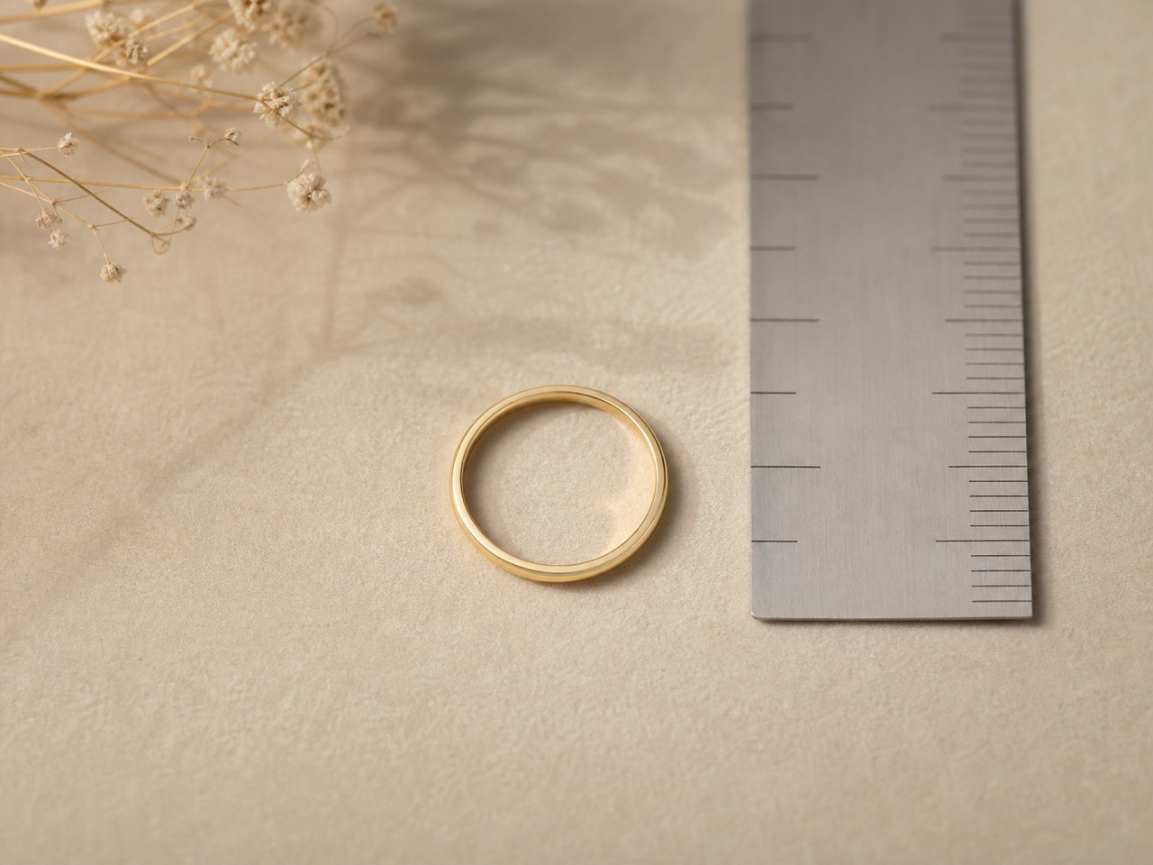 Bague posée à plat près d'une règle pour mesurer son diamètre