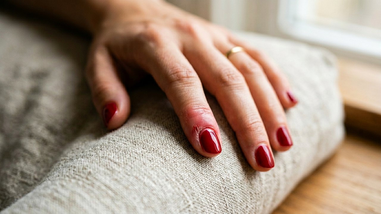 Doigt qui gratte après vernis semi-permanent avec rougeur et irritation