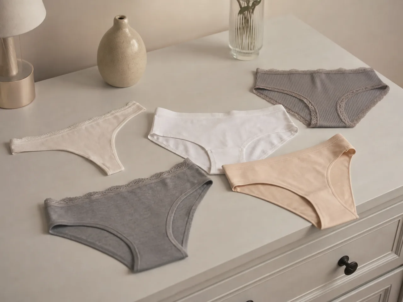 Différentes formes de lingerie féminine disposées sur une commode neutre