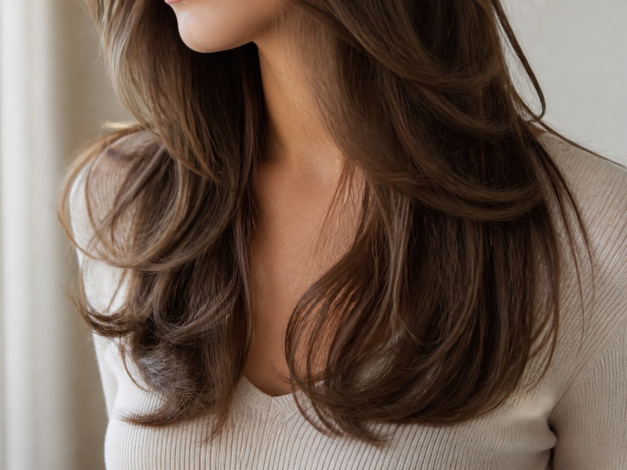 Mèches rideau sur cheveux longs bruns avec rendu naturel