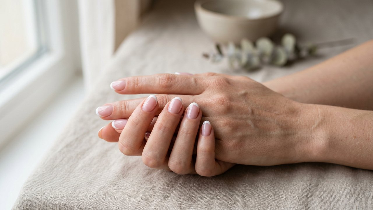 French manucure semi-permanente avec ligne blanche régulière et brillante