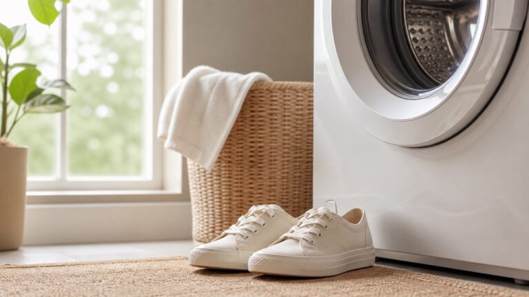 Baskets propres posées près d'une machine à laver