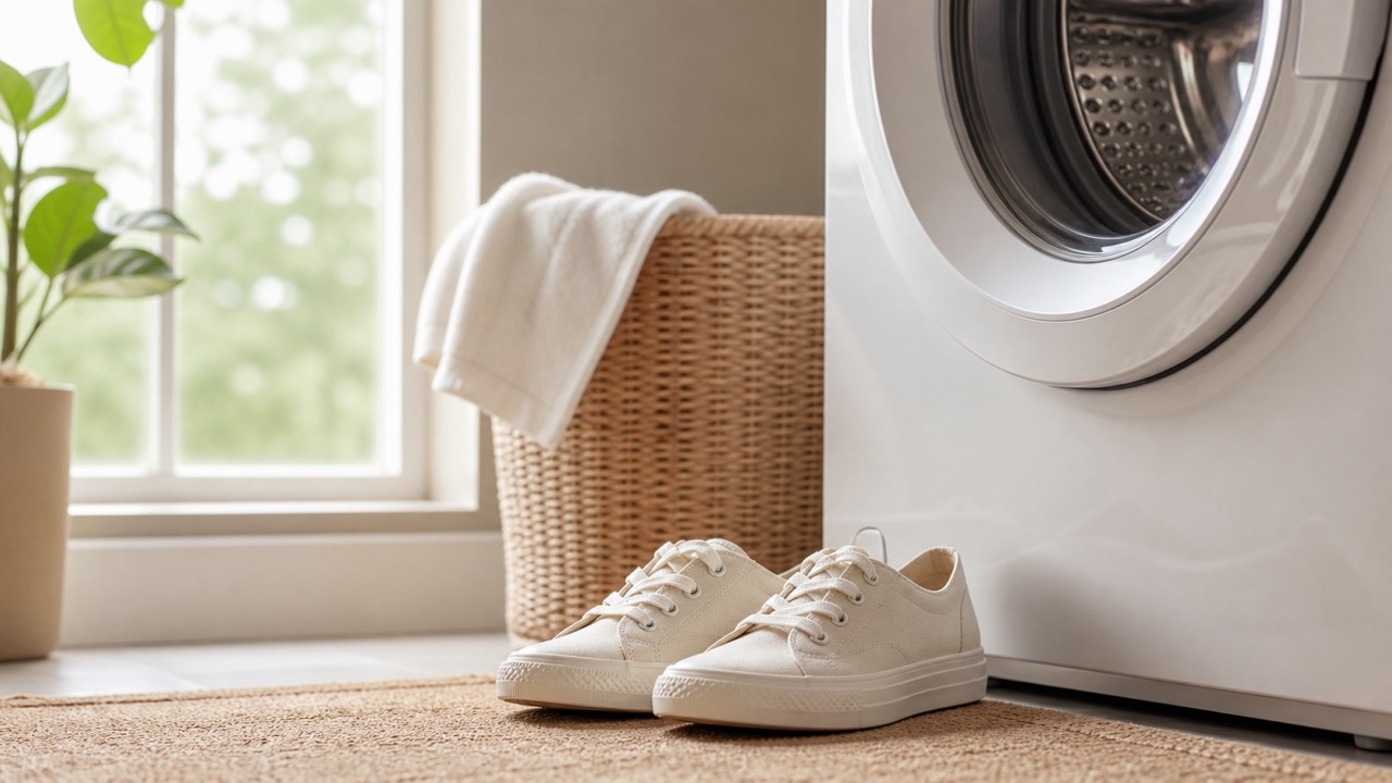 Baskets propres posées près d'une machine à laver